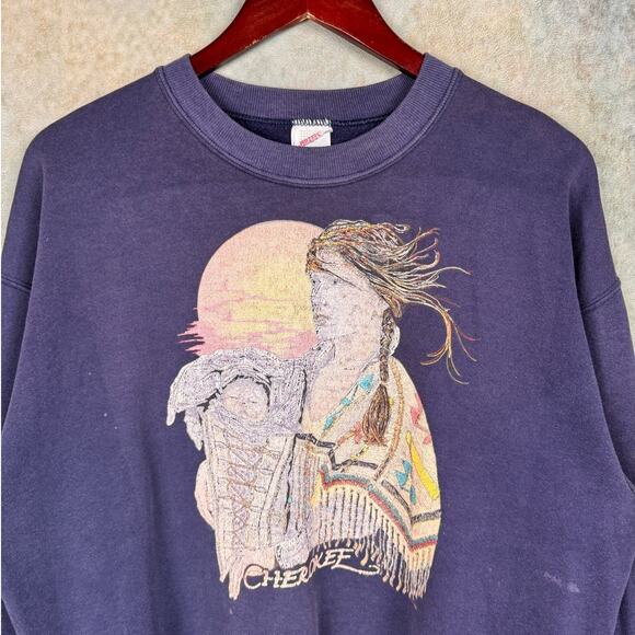 VTG 80s Native American Woman Graphic Sweatshirt Sz M Cherokee Navy Blue Faded - Picture 4 of 9